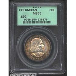 1892 50C Columbian MS65 PCGS. A moderately toned Gem with lustrous centers, and iridescent gold, rus