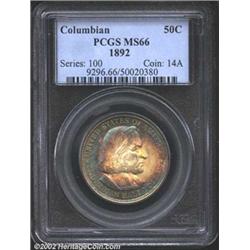 1892 50C Columbian MS66 PCGS. Peripheral bands of aqua, powder-blue, and violet patina frame the lig