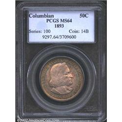 1893 50C Columbian MS64 PCGS. Beautifully toned with golden-brown, sea-green, lilac, and powder-blue
