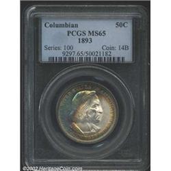 1893 50C Columbian MS65 PCGS. Gorgeously toned with peripheral swirls of aqua-blue, rose, and golden
