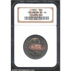 1893 50C Columbian MS66 NGC. The obverse has deep sea-green and violet patina, while the reverse has