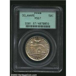 1936 50C Delaware MS67 PCGS. Both sides have lightly speckled golden-brown patina, while the reverse