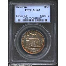 1936 50C Delaware MS67 PCGS. Pleasing orange-gold and apple-green patina consumes the margins, while