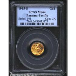 1915-S G$1 Panama-Pacific Gold Dollar MS64 PCGS. Hints of olive coloring floating above lemon-gold a