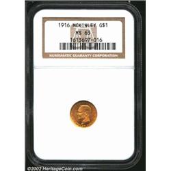 1916 G$1 McKinley MS63 NGC. Satiny luster swirls around the medium gold fields, while the light rose