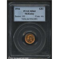 1916 G$1 McKinley MS64 PCGS. Mellow lemon toning over reflective surfaces gives this near-Gem a very