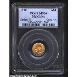 1916 G$1 McKinley MS66 PCGS. A Gem McKinley gold dollar with virtually pristine surfaces, with only.