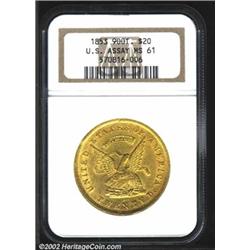 1853 $20 Assay Office Twenty Dollar, 900 Thous. MS61 NGC. K-18, R.2. A remarkable 2.5 million pieces