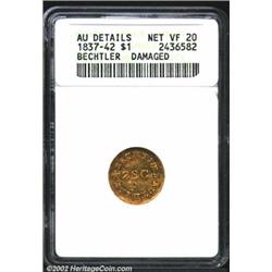 (1837-42) G$1 C.Bechtler Dollar, N Reversed--Damaged--ANACS. AU Details, Net VF20. K-4, R.4. Cleaned