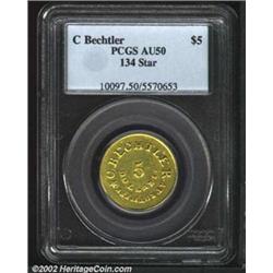 (1837-42) $5 C. Bechtler Five Dollar, 134G, With Star AU50 PCGS. K-20, R.4. Produced during the same