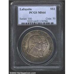 1900 S$1 Lafayette Dollar MS64 PCGS. The borders have deep turtle-green and russet patina, while the