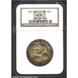 1937 50C Antietam MS67 NGC. The margins have deep golden-brown, aqua, and violet patina, while the p