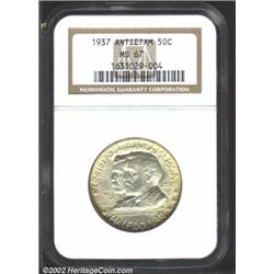 1937 50C Antietam MS67 NGC. Light silver toning with golden highlights covers both sides of this ext