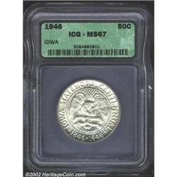 1946 50C Iowa MS67 ICG. A satiny Iowa in Superb Gem condition, featuring the lightest blue toning im