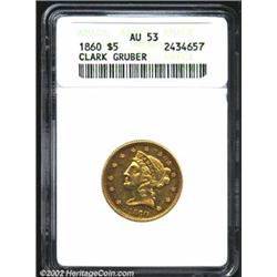 1860 $5 Clark, Gruber & Co. Five Dollar AU53 ANACS. K-2, R.4. This is a pleasing representative of t