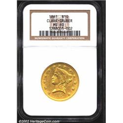 1861 $10 Clark, Gruber & Co. Ten Dollar MS60 NGC. K-7, R.4. This is the finest 1861 Clark, Gruber we
