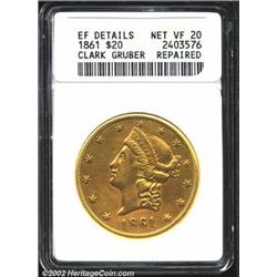 1861 $20 Clark, Gruber & Co. Twenty Dollar--Repaired--ANACS. XF Details, Net VF20. K-8, High R.5. Th
