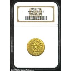 1850 $5 Moffat & Co. Five Dollar AU58 NGC. K-7, R.4. Struck shortly after discovery of gold on the A