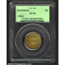 1850 $5 Mormon Five Dollar XF45 PCGS. K-5, High R.5. The 1850 Mormon Half Eagle differs primarily fr