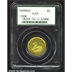 1860 $5 Mormon Five Dollar AU58 PCGS. K-6, High R.5. The 1860 Half Eagle is undoubtedly the most fam