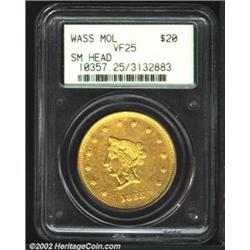1855 $20 Wass Molitor Twenty Dollar, Small Head VF25 PCGS. K-7, High R.6. This Twenty Dollar gold pi