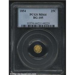 1854 25C Liberty Octagonal 25 Cents, BG-105, R.4, MS64 PCGS. Milky yellow-green patina with unabrade