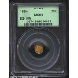 1854 25C Liberty Octagonal 25 Cents, BG-105, R.4, MS64 PCGS. Large head with 5 stars, the 1 in the d