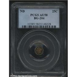 Undated 25C Liberty Round 25 Cents, BG-204, R.6, AU58 PCGS. Vigorously toned in shades of violet, el