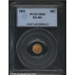 1852 50C Liberty Round 50 Cents, BG-401, R.5, MS63 PCGS. Liberty head on obverse, closed wreath on r