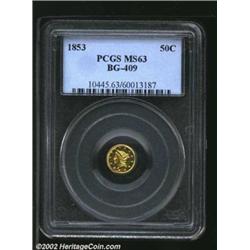 1853 50C Liberty Round 50 Cents, BG-430, R.5, MS63 PCGS. Incorrectly attributed on the insert as a B