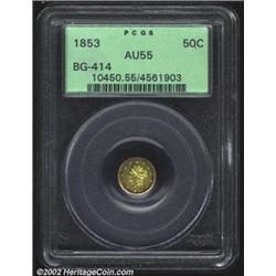 1853 50C Liberty Round 50 Cents, BG-414, R.6, AU55 PCGS. The effigy of Liberty is skillfully engrave