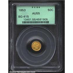 1853 50C Liberty Round 50 Cents, BG-415, R.6, AU55 PCGS. First star above bust tip, with a pair of p
