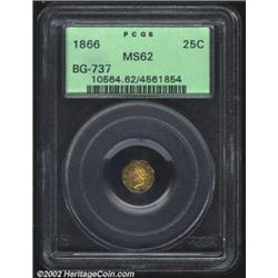 1866 25C Liberty Octagonal 25 Cents, BG-737, R.7, MS62 PCGS. Rose and lemon-gold patina. Softly stru