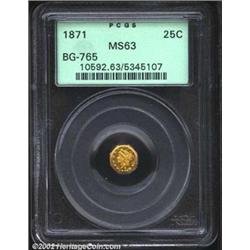 1871 25C Liberty Octagonal 25 Cents, BG-765, R.4, MS63 PCGS. Rich orange-gold color. Somewhat softly