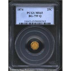 1874 25C Indian Octagonal 25 Cents, BG-799Q, R.7, MS65 PCGS. Large portrait with large crude stars..