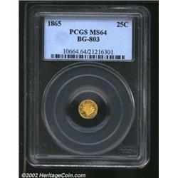 1865 25C Liberty Round 25 Cents, BG-802, R.7, MS64 PCGS. The PCGS insert has incorrectly attributed.