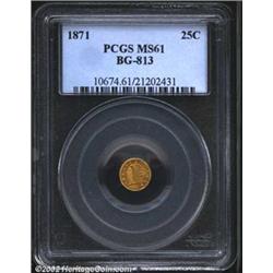 1871 25C Liberty Round 25 Cents, BG-813, R.5, MS61 PCGS. Sunset-gold and yellow-green color. The lar