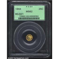 1864 25C Liberty Round 25 Cents, BG-821, R.6, MS62 PCGS. Mostly yellow-gold in color, with some gold