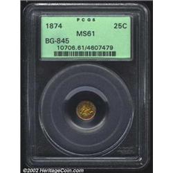 1874 25C Liberty Round 25 Cents, BG-845, R.7, MS61 PCGS. An originally preserved, BU quality example