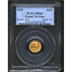1922 G$1 Grant MS66 PCGS. A pleasing Gem that has rich honey-gold color and lustrous surfaces. Exqui