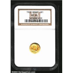 1922 G$1 Grant MS66 NGC. A bright yellow-gold Gem with flashy luster and a well preserved reverse. B