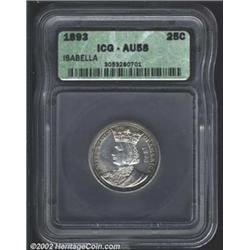 1893 25C Isabella Quarter AU58 ICG. Mostly untoned with a hint of color at the borders. At first gla