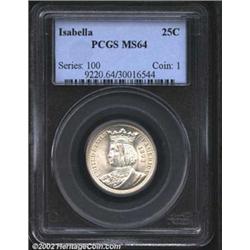 1893 25C Isabella Quarter MS64 PCGS. A near-Gem that has more Gem qualities that expected, with swir