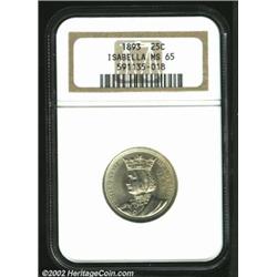 1893 25C Isabella Quarter MS65 NGC. A lightly toned Gem that has silver-gray color on the left side.