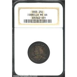 1893 25C Isabella Quarter MS66 NGC. Deep blue, gray, and rose patina covers each side with strong un