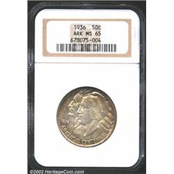 1936 50C Arkansas MS65 NGC. The borders have light apricot-gold and sea-green patina. Carefully pres