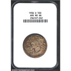 1936-D 50C Arkansas MS66 NGC. A plethora of rainbow tones emerge from both obverse and reverse surfa
