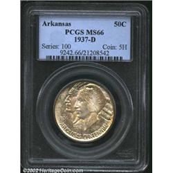 1937-D 50C Arkansas MS66 PCGS. The borders have speckled gold and aqua-green patina. A sharply struc