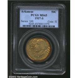 1937-S 50C Arkansas MS65 PCGS. Olive centers yield to burnt-orange and brown arcs along the rims, wi