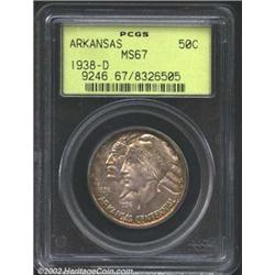 1938-D 50C Arkansas MS67 PCGS. This is a blatantly and attractively original Superb Gem with warm la